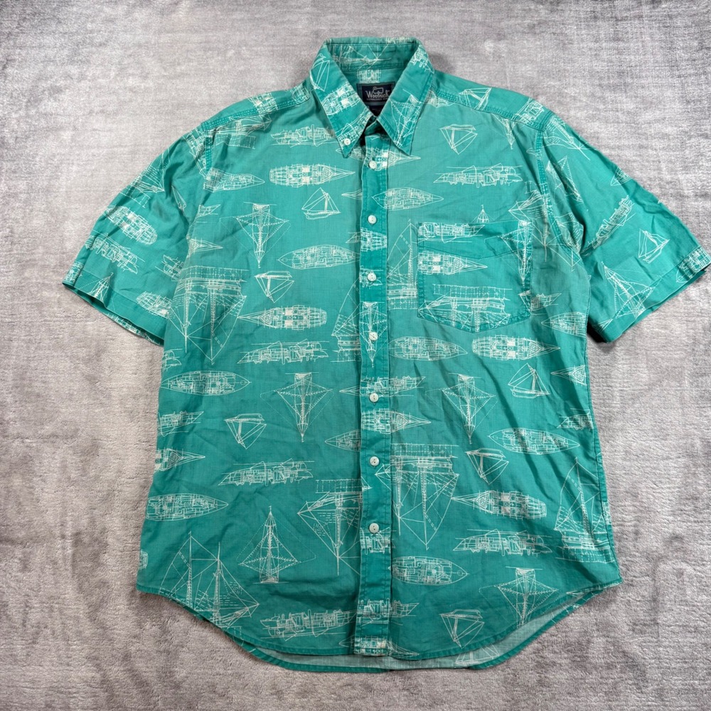 Woolrich Shirt Mens Medium Teal Vintage Button Down Nautical Sailboat Blueprint